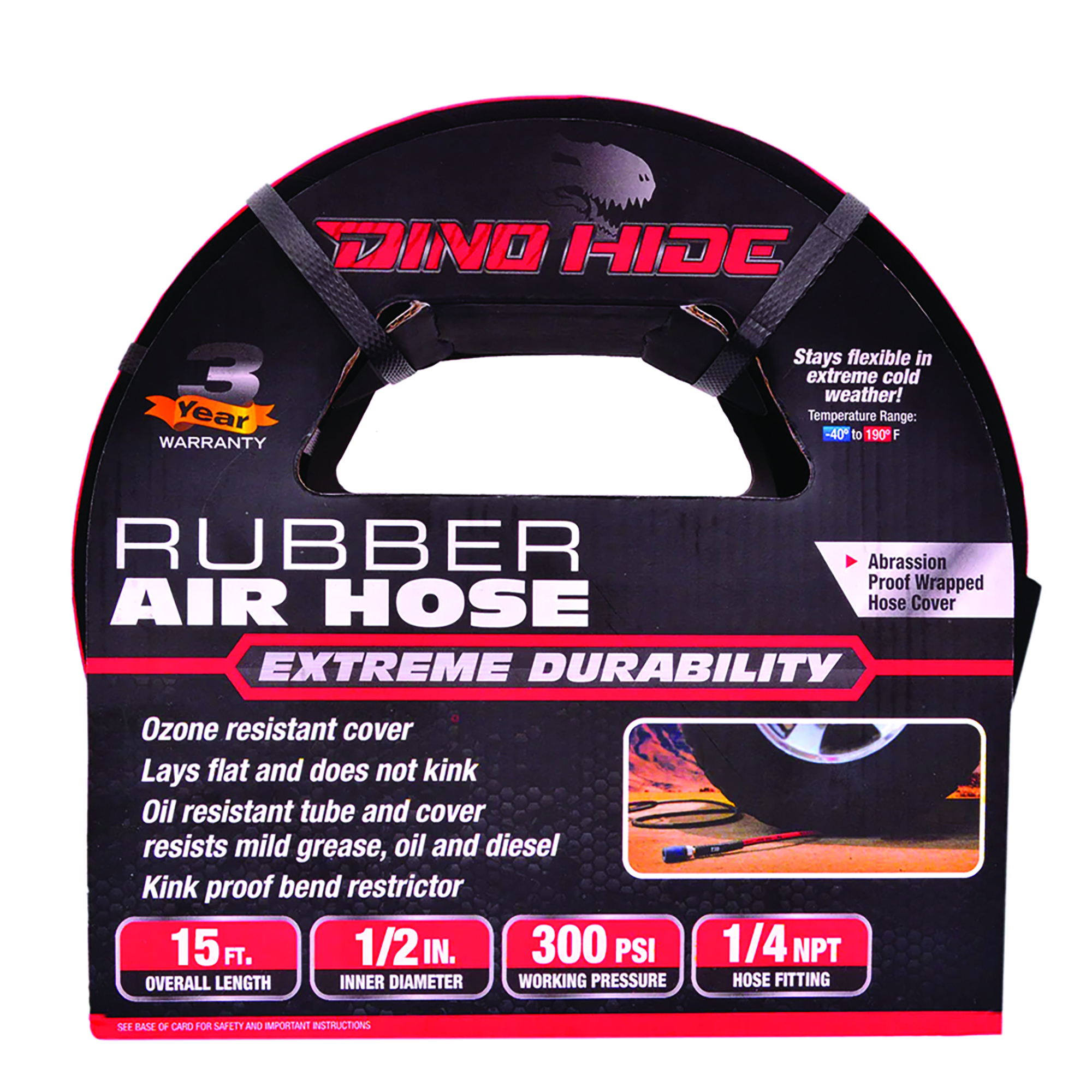 Dino-Hide, Dino-Hide Rubber Air Hose Assembly 1/2in.x15ft., Hose Diameter 1/2 in, Hose Length 15 ft, Model# WLEPRO1215